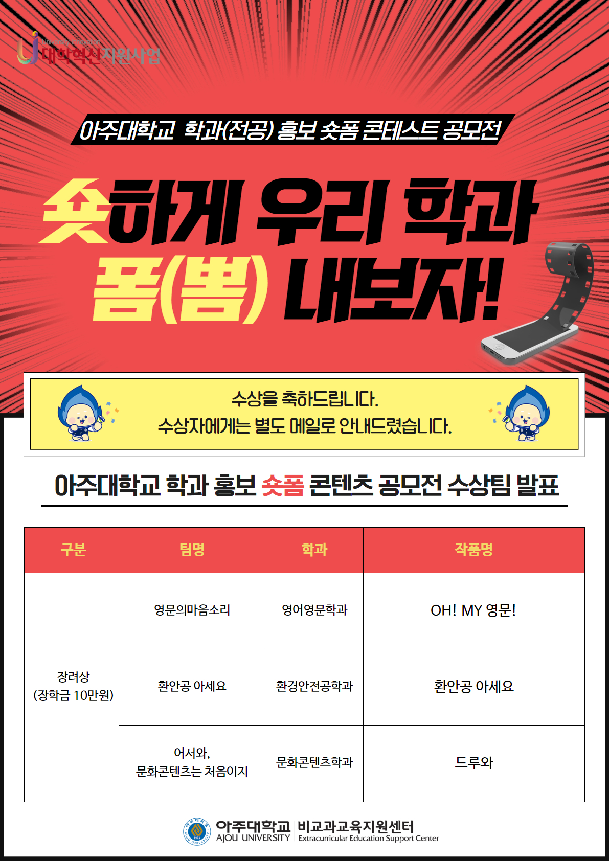 🎉[비교과교육지원센터] 아주대학교 우리학과(전공) 숏폼 콘테스트 수상팀 발표🎉 | 아주대학교