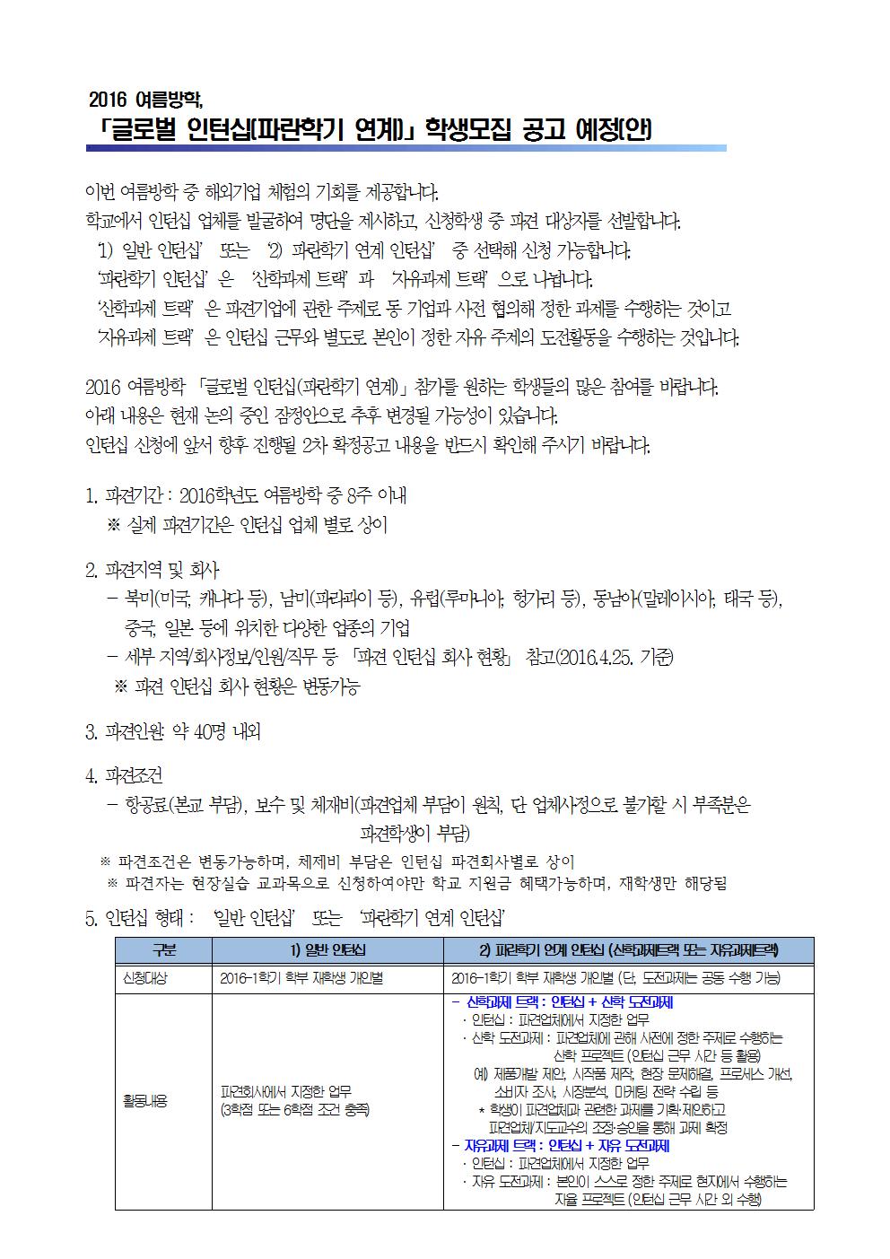 [해외 인턴십] 2016 여름방학 「글로벌 인턴십(파란학기 연계)」학생모집 공고 예정(안) | 사회과학대학