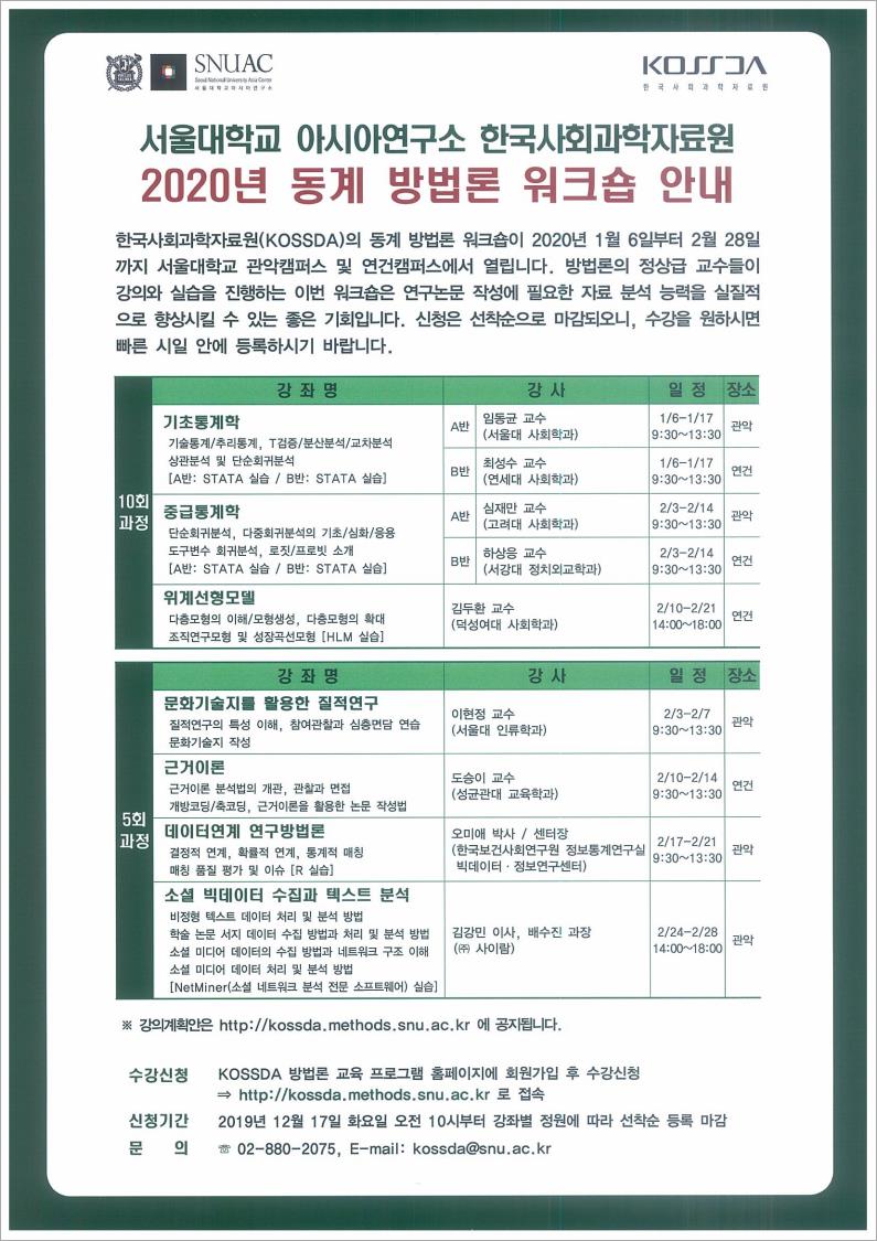 2020년 동계 방법론 워크숍 안내(서울대학교 아시아연구소 한국사회과학자료원) | 교육대학원